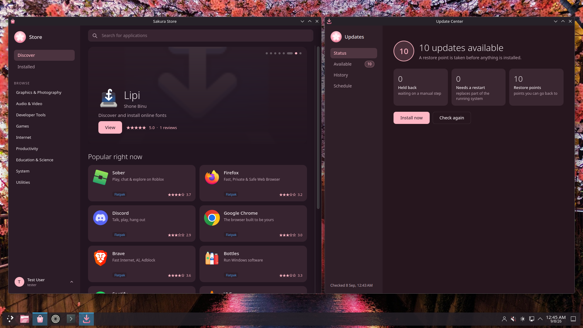 The SakuraOS desktop with the Sakura Store and the Update Center open side by side