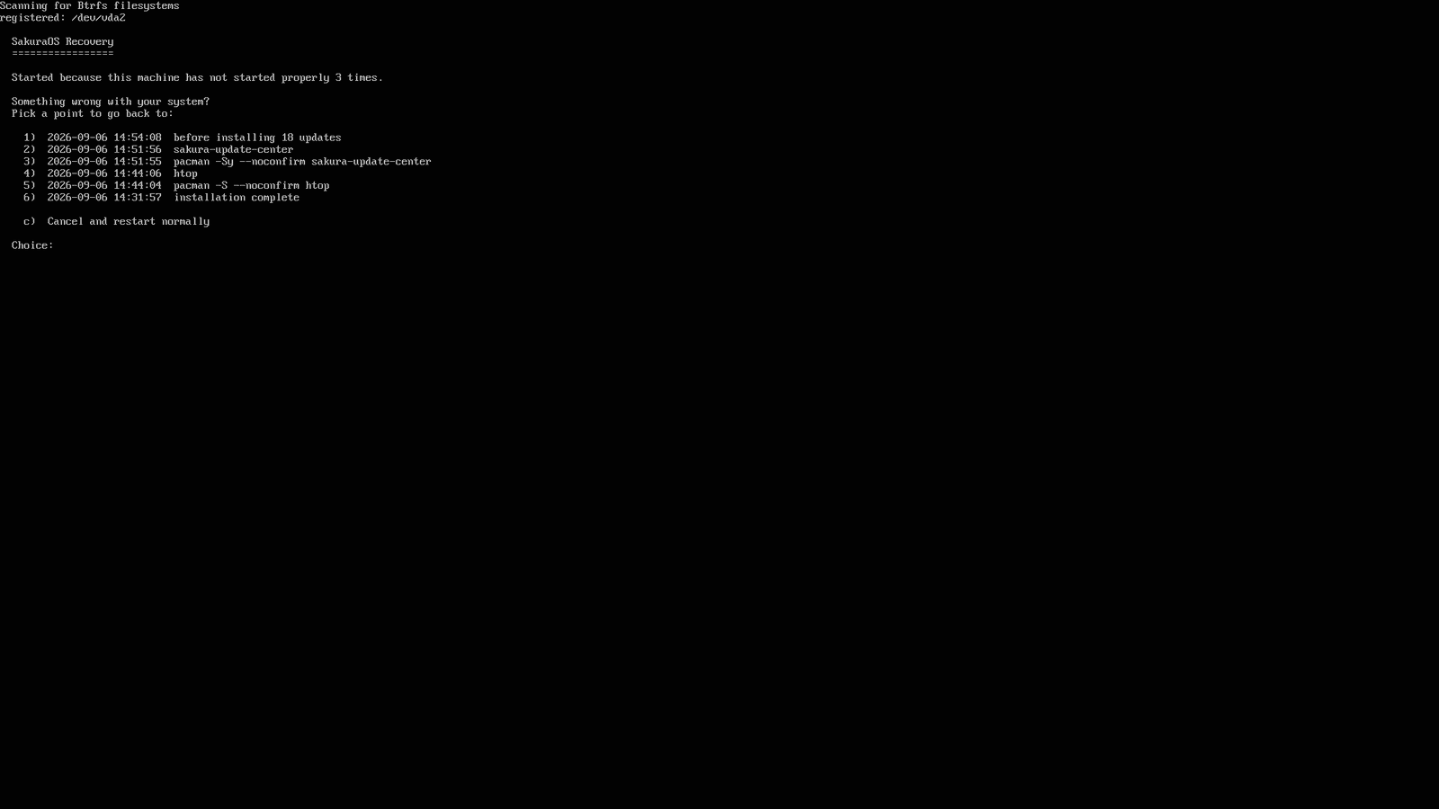 The SakuraOS recovery screen listing restore points to go back to